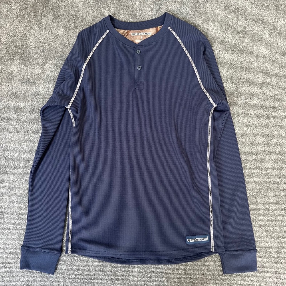 Realtree Mens Navy Blue Waffle Knit Henley Shirt Long Sleeve Small 6608RT
